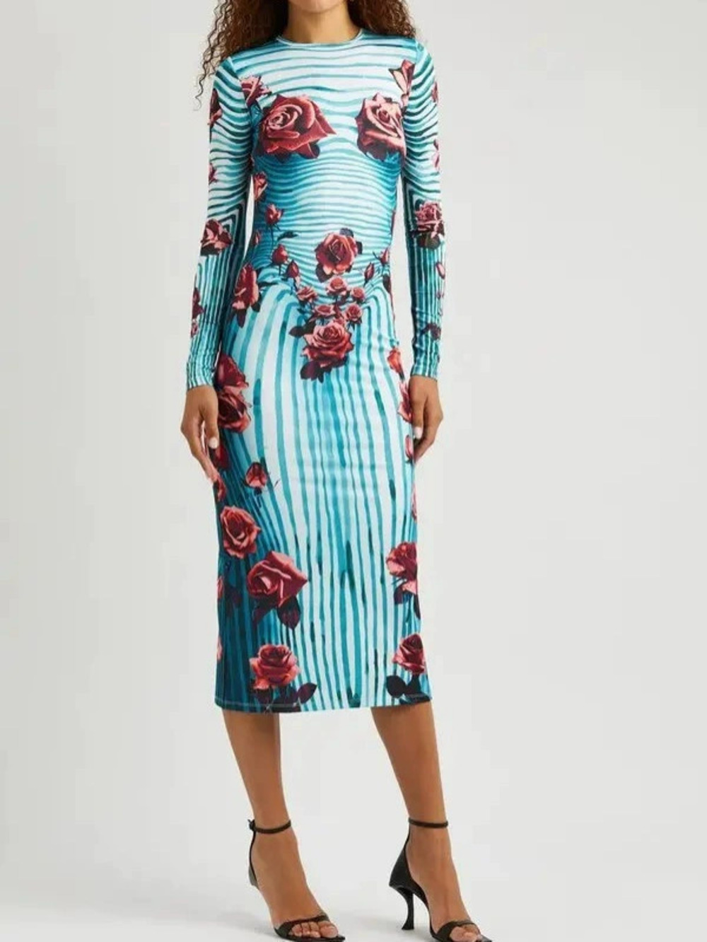 ZARA Summer Rose Print Striped Long Sleeve Bodycon Maxi Dress for Women